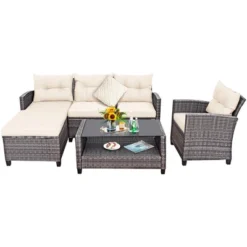 Costway 4PCS Patio Rattan Furniture Set Sofa Ottoman Cushion Garden Deck White/Gray -Garden & Outdoors GUEST 80e7f20e 91fc 4898 8755 91af6ba2ea35