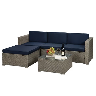 5pc Outdoor Rattan Wicker Sectional Conversation Set With Cushions - Gray/Navy - GODEER 5 5pc Outdoor Rattan Wicker Sectional Conversation Set With Cushions - Gray/Navy - GODEER - Image 5