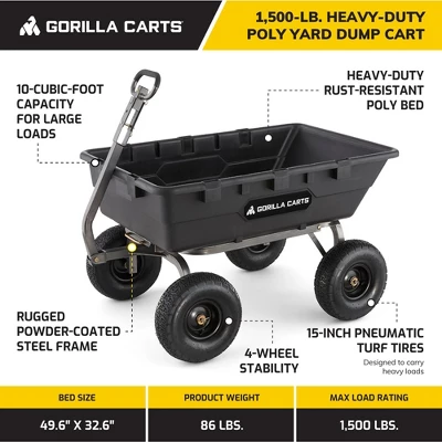 Gorilla Carts 1500 Pound Capacity Heavy Duty Poly Yard Garden Steel Dump Utility Wheelbarrow Wagon Cart With 2 In 1 Towing ATV Handle, Black 1 Gorilla Carts 1500 Pound Capacity Heavy Duty Poly Yard Garden Steel Dump Utility Wheelbarrow Wagon Cart With 2 In 1 Towing ATV Handle, Black