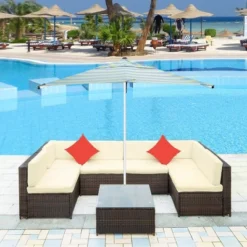 7pc Wicker Patio Sofa Set With Cushions - Brown/Beige - GODEER -Garden & Outdoors GUEST 8d830c67 a2d6 4219 b78a a17e786f40c5