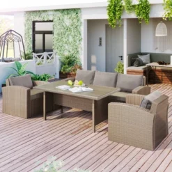 4pc Outdoor Wicker Conversation Set With Cushions - Gray - GODEER