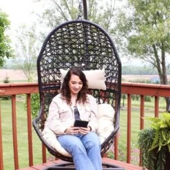 Sunnydaze Decor Sunnydaze Outdoor Resin Wicker Patio Cordelia Hanging Basket Egg Chair Swing With Cushion And Headrest - 2pc -Garden & Outdoors GUEST 9150082e be23 4be9 be3e ca18c3ef9fde