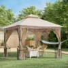 Outsunny 10' X 10' Patio Gazebo Canopy Outdoor Pavilion With Mesh Netting SideWalls, 2-Tier Polyester Roof, & Steel Frame Beige