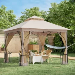 Outsunny 10' X 10' Patio Gazebo Canopy Outdoor Pavilion With Mesh Netting SideWalls, 2-Tier Polyester Roof, & Steel Frame Beige