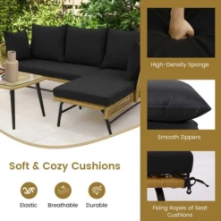 Costway 3 PCS L-Shaped Patio Sofa Set Conversation Furniture With Cushions Deck Garden Black/Beige -Garden & Outdoors GUEST 952d31c9 6fd4 4d82 b3e9 879b0a630948