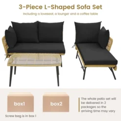 Costway 3 PCS L-Shaped Patio Sofa Set Conversation Furniture With Cushions Deck Garden Black/Beige -Garden & Outdoors GUEST 968d54a2 a5c1 4c68 8e4a 07297b968fbc