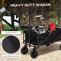 Outsunny Collapsible Wagon, Graden Carts With Wheels, Adjustable Handle, Folding Table And Cup Holders, Black -Garden & Outdoors GUEST 97c5641f 94c8 4386 a8f4 f75907f78a8a