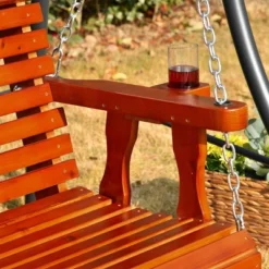 Outsunny 46" 2-Person Porch Swing Wooden Patio Swing Bench With Cup Holders, Slatted Design, & Chains Included, 440lb Weight Capacity -Garden & Outdoors GUEST 999af834 ab4f 44ba 9734 99bfc6d0ca67