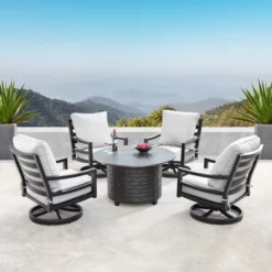5pc Outdoor Fire Table Set With 44" Round Fire Table, 4 Deep Seating Swivel Rocking Chairs & Table Fabric Covers - Oakland Living