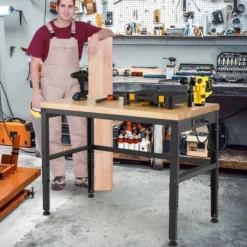 Costway 48" Adjustable Work Bench Heavy-Duty Steel Frame Worktable With Power Outlets