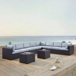 Biscayne 7pc Outdoor Wicker Sectional Set With 2 Coffee Tables - Sangria - Crosley