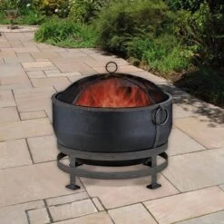 Endless Summer Round Wood Burning Outdoor Fire Pit With Kettle Design Brown
