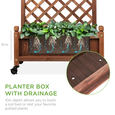 Best Choice Products Set Of 2 48in Wood Planter Box & Diamond Lattice Trellis, W/ Drainage, Optional Wheels - Walnut 2 Best Choice Products Set Of 2 48in Wood Planter Box & Diamond Lattice Trellis, W/ Drainage, Optional Wheels - Walnut - Image 2