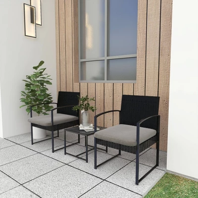 3pc Wicker Patio Conversation Set With Cushions - Black/Gray - GODEER 1 3pc Wicker Patio Conversation Set With Cushions - Black/Gray - GODEER