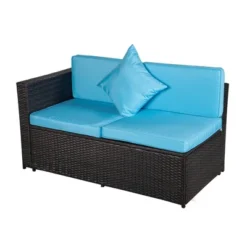 4pc Wicker Patio Sectional Seating Set With Cushions - Brown/Blue - GODEER -Garden & Outdoors GUEST ae974699 3c0c 41e3 a23d f09827abf84d