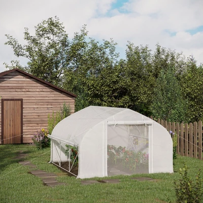 Outsunny Walk-in Tunnel Greenhouse With Zippered Mesh Doors & Roll-up Sidewalls, Upgraded Hot House, White, 11.5' X 10' X 6.5' 1 Outsunny Walk-in Tunnel Greenhouse With Zippered Mesh Doors & Roll-up Sidewalls, Upgraded Hot House, White, 11.5' X 10' X 6.5'