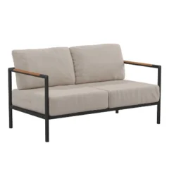 Flash Furniture Indoor/Outdoor Patio Loveseat With Cushions - Modern Aluminum Framed Loveseat With Teak Accent Arms -Garden & Outdoors GUEST b18b9f9f ebbf 467e 9399 5edd00af71e7