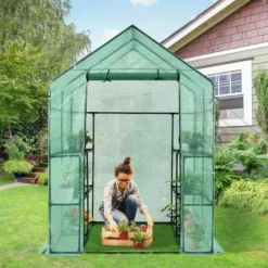 Costway Walk-in Greenhouse 56''x56''x77'' Gardening W/Observation Windows 2 Tier 8 Shelves