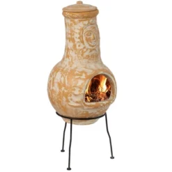 Vintiquewise Outdoor Clay Chiminea Fireplace Sun Design Wood Burning Fire Pit With Sturdy Metal Stand, Barbecue, Cocktail Party, Cozy Nights Fire Pit -Garden & Outdoors GUEST b2aa5afa 0ea7 49be 9760 16f2e4968c38