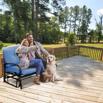 Costway Glider Outdoor Patio Rocking Bench Loveseat Cushioned Seat Steel Frame Blue 3 Costway Glider Outdoor Patio Rocking Bench Loveseat Cushioned Seat Steel Frame Blue - Image 3
