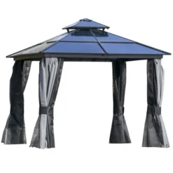 Outsunny Hardtop Gazebo Outdoor Polycarbonate Canopy Aluminum Frame Pergola With Double Vented Roof, Netting & Curtains For Garden -Garden & Outdoors GUEST b5508373 20b1 469c a5fe 5fb411660723