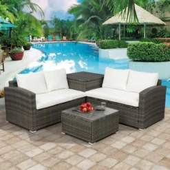4pc Wicker Patio Conversation Set With Cushions - Gray/Beige - GODEER -Garden & Outdoors GUEST b746b2d2 3f80 4644 836f 62c248cea60a