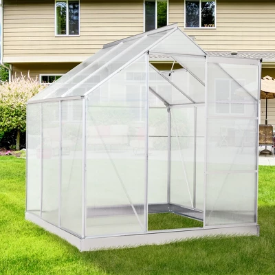 Outsunny Polycarbonate Greenhouse With Aluminum Frame, Walk-in Garden Greenhouse Kit With Adjustable Roof Vent, Rain Gutter And Sliding Door For Winter, Silver 1 Outsunny Polycarbonate Greenhouse With Aluminum Frame, Walk-in Garden Greenhouse Kit With Adjustable Roof Vent, Rain Gutter And Sliding Door For Winter, Silver