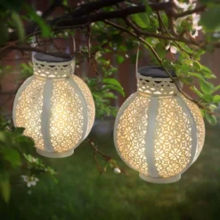 Set Of 2 Solar Outdoor Lights - Hanging Or Tabletop Rechargeable LED Lantern Set With 2 Shepherd Hooks For Outdoor Decor By Pure Garden (White) -Garden & Outdoors GUEST bdf869ad 889c 47fc 9869 9ab2932704df