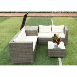 4pc Wicker Patio Sectional Seating Set With Cushions - Gray/Beige - GODEER -Garden & Outdoors GUEST bed6c083 231a 488e 8d2c c3cbaeff7856