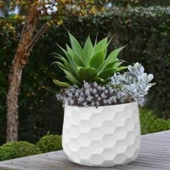 LuxenHome White MgO Geometric Design 12.2-inch Round Indoor Outdoor Planter