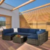 7pc Outdoor Rattan Wicker Seating Set With Cushions - Brown/Blue - GODEER