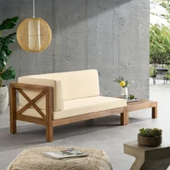 2pc Brava Outdoor Acacia Wood Left Arm Loveseat & Coffee Table With Cushion Teak/Beige - Christopher Knight Home -Garden & Outdoors GUEST c206bab7 7c5e 4fe3 9d56 2183ea0121a1