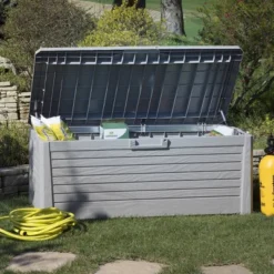 Toomax Florida UV Resistant Lockable Deck Storage Box Bench For Outdoor Pool Patio Garden Furniture & Indoor Toy Bin Container, 145 Gallon (Warm Grey)