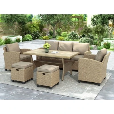 6pc Outdoor Wicker Conversation Set With Arm Chairs, Sofa, Ottomans & Coffee Table - Brown - GODEER 4 6pc Outdoor Wicker Conversation Set With Arm Chairs, Sofa, Ottomans & Coffee Table - Brown - GODEER - Image 4