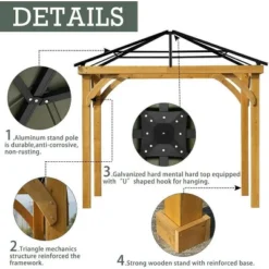 Aoodor Patio Solid Wooden Gazebo 10 X 10 Ft. Hardtop Roof For Garden