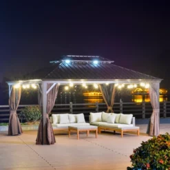 Outsunny Patio Gazebo 15.9' X 12', Netting & Curtains, 2 Tier Double Vented Steel Roof, Hardtop, Ceiling Hooks, Rust Proof Aluminum, Brown