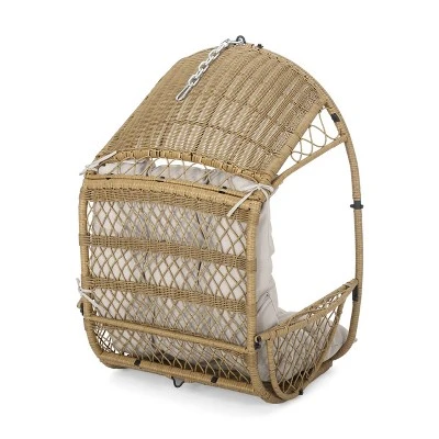 Greystone Indoor/Outdoor Wicker Hanging Chair With 8' Chain - Light Brown/Beige - Christopher Knight Home 2 Greystone Indoor/Outdoor Wicker Hanging Chair With 8' Chain - Light Brown/Beige - Christopher Knight Home - Image 2