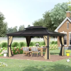 Outsunny 11x15 Hardtop Gazebo With Aluminum Frame, Polycarbonate Gazebo Canopy With Ceiling Hooks, Curtains And Netting, Beige