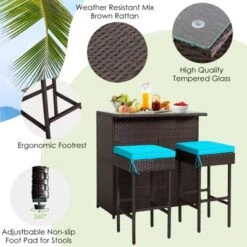Tangkula 3PCS Patio Wicker Rattan Bar Set Table W/2 Turquoise Cushioned Stools -Garden & Outdoors GUEST cdd32d67 2a4c 4828 8ba3 8179cef199b0