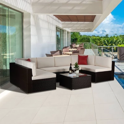 7pc Outdoor Rattan Wicker Set With Cushions - Brown/Beige/Red - GODEER 1 7pc Outdoor Rattan Wicker Set With Cushions - Brown/Beige/Red - GODEER