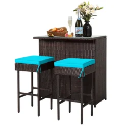 Tangkula 3PCS Patio Wicker Rattan Bar Set Table W/2 Turquoise Cushioned Stools -Garden & Outdoors GUEST cf1b3647 163c 496f aae4 0f19d4e604c0