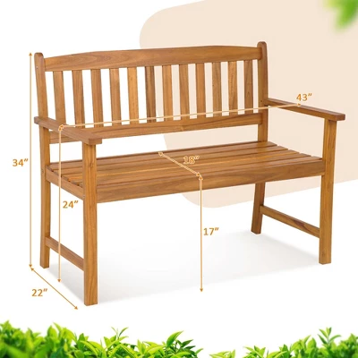 Costway Patio Acacia Wood Bench 2-Person Slatted Seat Backrest 800 Lbs Outdoor Natural 2 Costway Patio Acacia Wood Bench 2-Person Slatted Seat Backrest 800 Lbs Outdoor Natural - Image 2