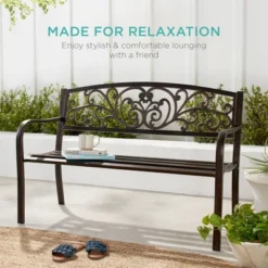 Best Choice Products Outdoor Steel Bench Garden Patio Porch Furniture W/ Floral Design Backrest, Slatted Seat -Garden & Outdoors GUEST d12748c0 1005 44fa 9760 ee61c1932664