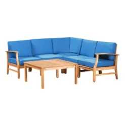 Perla 6pc Acacia Wood Patio Chat Set - Blue - Christopher Knight Home