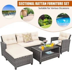 Costway 4PCS Patio Rattan Furniture Set Sofa Ottoman Cushion Garden Deck White/Gray -Garden & Outdoors GUEST d3950769 8181 4da3 8889 fdb7cfbc7509