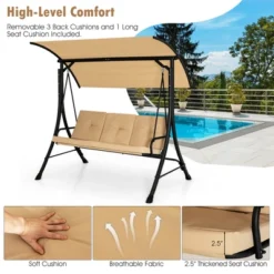 Costway 3-Seat Outdoor Porch Swing Adjustable Canopy Padded Cushions Steel Frame BeigeBlack -Garden & Outdoors GUEST d4a52791 5669 48fa a4ac c8091b4190b7