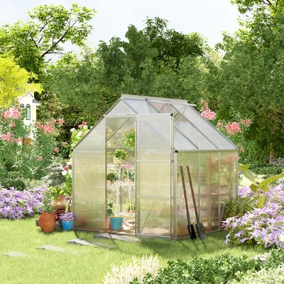 Outsunny Polycarbonate Greenhouse With Aluminum Frame, Walk-in Garden Greenhouse Kit With Adjustable Roof Vent, Rain Gutter And Sliding Door For Winter, Silver 2 Outsunny Polycarbonate Greenhouse With Aluminum Frame, Walk-in Garden Greenhouse Kit With Adjustable Roof Vent, Rain Gutter And Sliding Door For Winter, Silver - Image 2