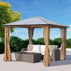 Aoodor Gazebo Polycarbonate Roof, Wooden Print Aluminum Frame With Mosquito Netting And Curtain -Garden & Outdoors GUEST d58bf61f a42f 4dc8 8633 19e423b43ee8