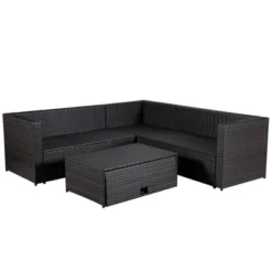4pc Wicker Patio Sectional Seating Set With Cushions - Brown/Blue - GODEER -Garden & Outdoors GUEST db78b01a 346c 4449 b809 0c22f3b2b7d0