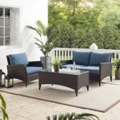 Kiawah 3pc Outdoor Wicker Conversation Set Blue - Crosley -Garden & Outdoors GUEST de7a63c9 882f 4abb af34 a2fea8827b48
